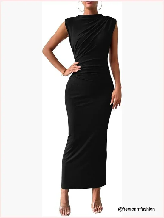 Ruched Bodycon Maxi Dress Sleeveless Slit Formal Cocktail Wedding Guest - Picture 1 of 7